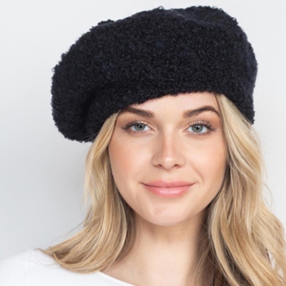 Black Fuzzy Beret Hat